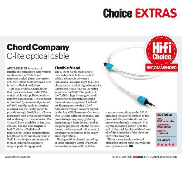 Кабель оптичниний CHORD C-lite Toslink to Toslink 1m 1005 фото